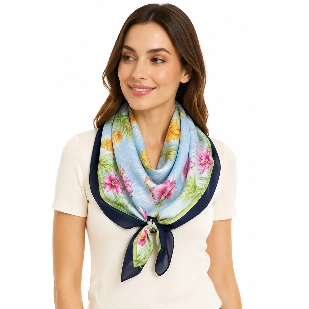 Jodhpur Paris Silk Square Scarf Blue Tropical Floral Print 34